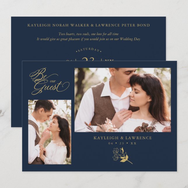 Carte Navy Trendy Branches Wedding Celebration 2 Photos (Devant / Derrière)