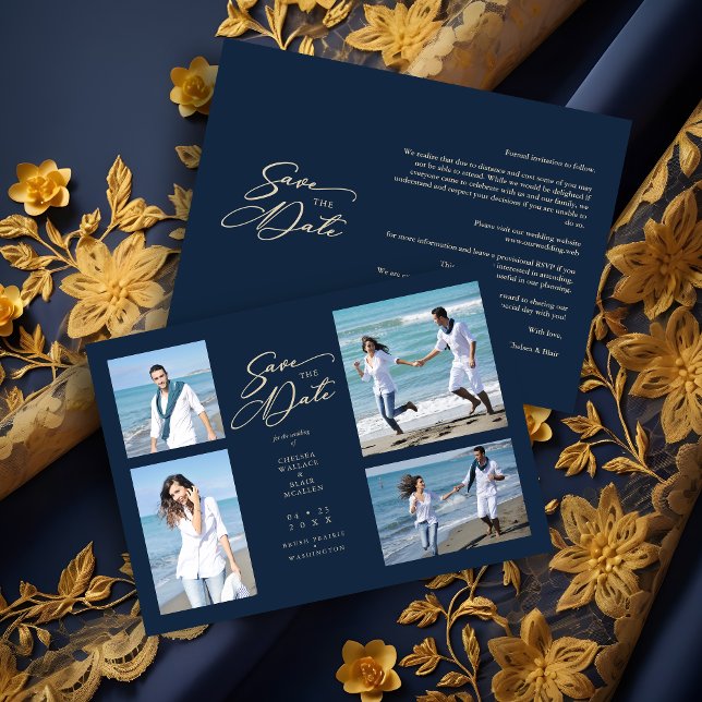 Carte Navy Trendy Collage Wedding Save Date 4 Photos (Navy Trendy Collage Wedding 4 Photos Save the Date Card with Envelope.)