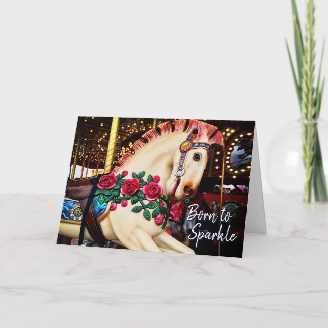 Carte Né à Sparkle Carousel Horse Photo Calligraphie (Devant)