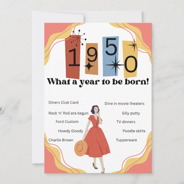 Carte Né en 1950 Un an pour se souvenir d'un joyeux anni (Devant)