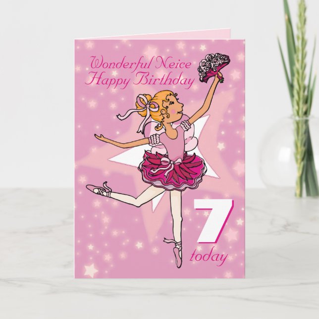 Carte Neice ballerina anniversaire rose violet âge 7 car (Devant)