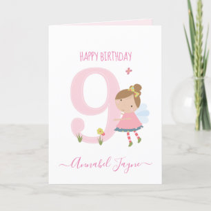 Carte Neuvième anniversaire fée mignon rose personnalisé