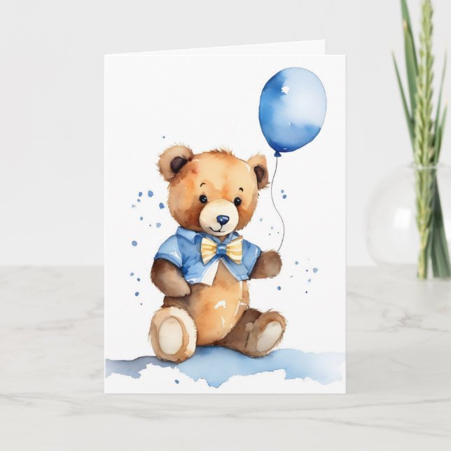Carte New Baby Teddy Bear With Blue Balloon (Devant)