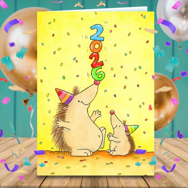 Carte New Year 2026 Cute Hedgehog Greeting  (Créateur téléchargé)