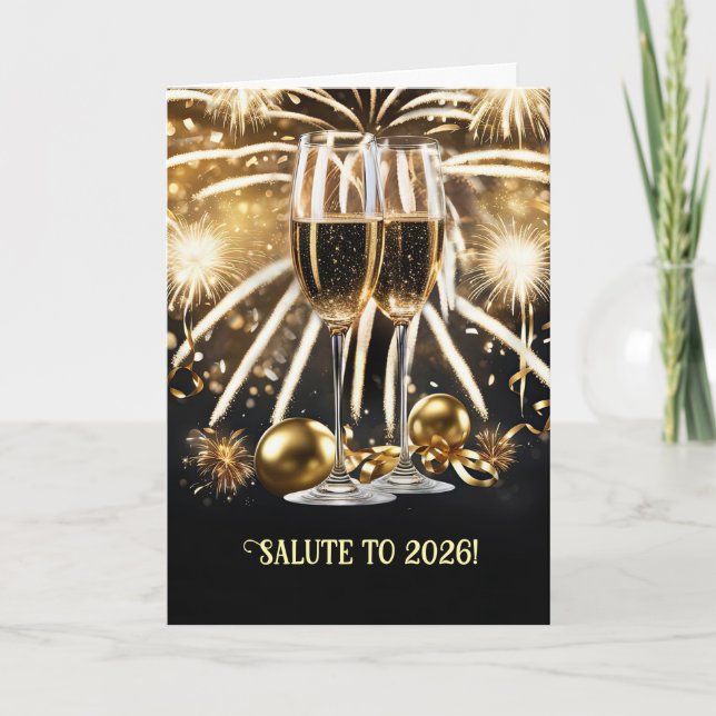 Carte New Years Cheers Salute 2026 Champagne Fireworks  (Devant)