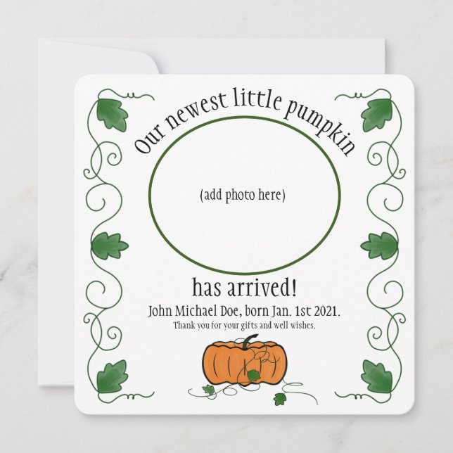 Carte Newest Little Pumpkin Birth Announcement Thank You (Devant)