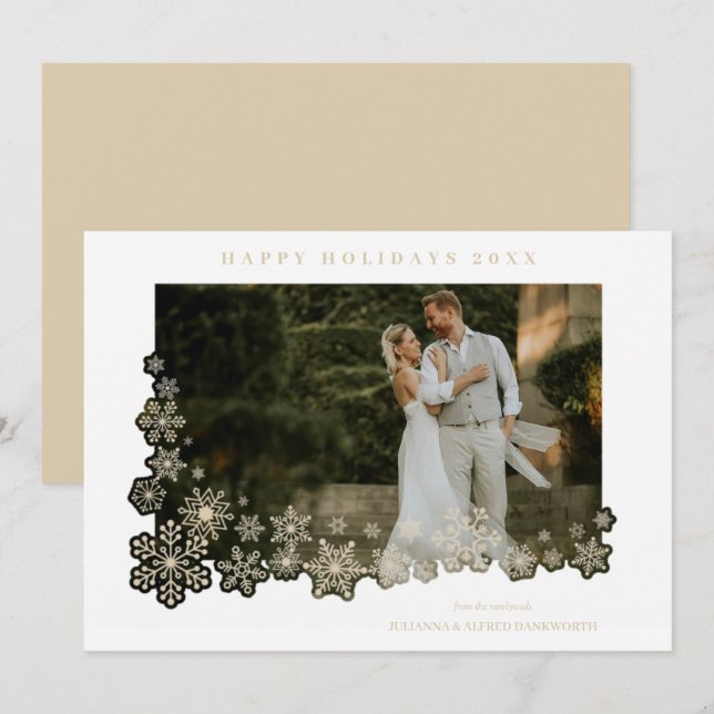 Carte Newlyweds First Christmas Snowflakes Frame Photo (Devant / Derrière)