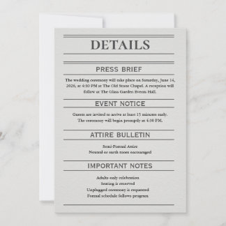 Carte Newspaper-Style Wedding Details Card