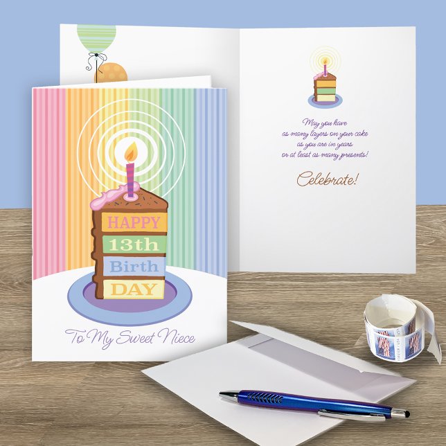 Carte Nièce 13e anniversaire 4 tranches de gâteau strati (Créateur téléchargé)