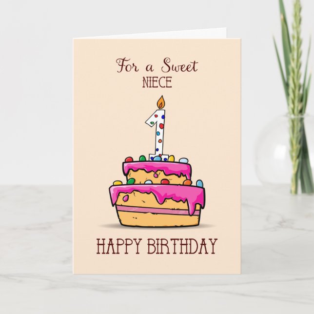 Carte Nièce 1er anniversaire, 1 sur le gâteau rose doux (Devant)