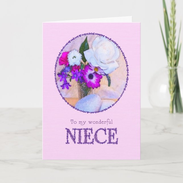 Carte Nièce, anniversaire avec des fleurs peintes. (Devant)