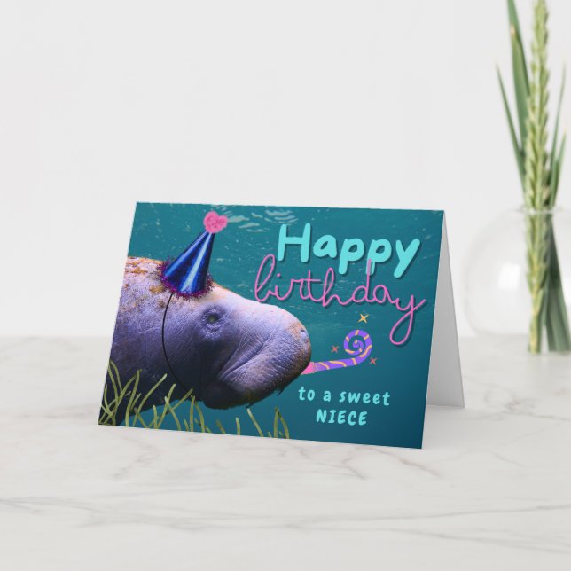 Carte Niece Birthday mignonne Manatee à la fête (Devant)