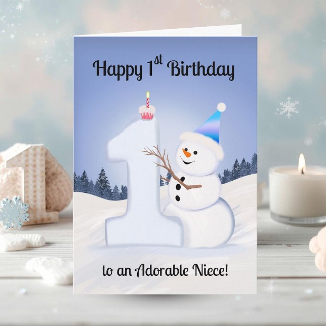 Carte Niece Happy 1st Birthday Snowman Building (Créateur téléchargé)