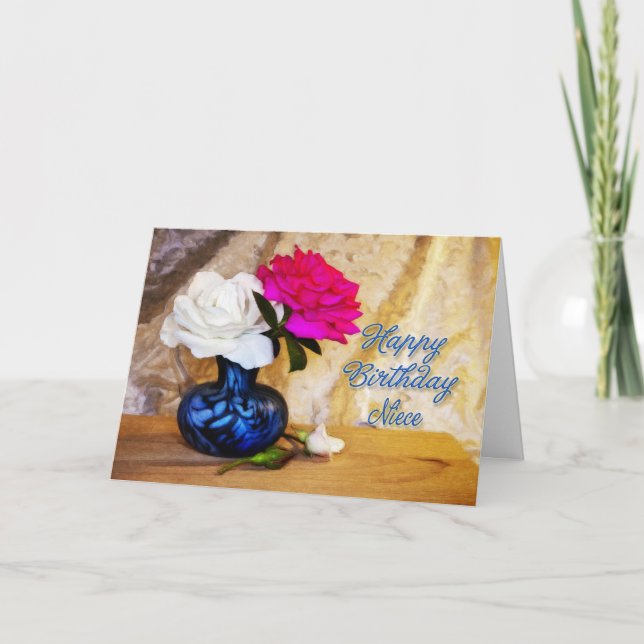 Carte Nièce, Joyeux anniversaire avec des roses peints (Devant)
