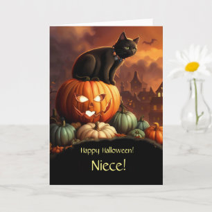 Carte Nièce Joyeux Halloween Mignon Chat Noir et Citroui
