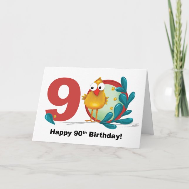 Carte Ninetieth 90 Anniversaire avec Amusante Oiseau et  (Devant)