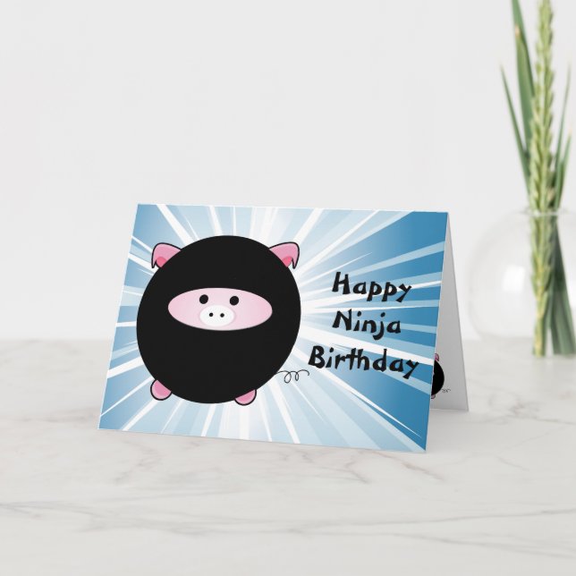 Carte Ninja Cochon sur Blue Joyeux anniversaire (Devant)