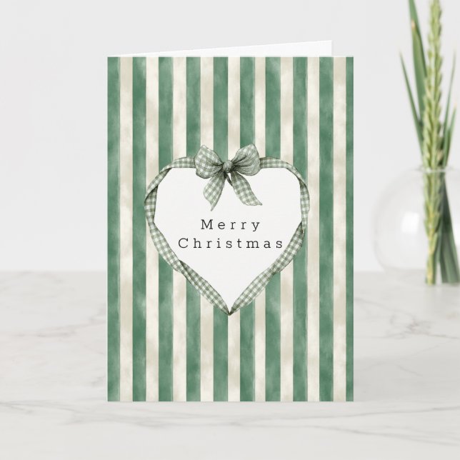 Carte Noël à ruban coeur rayures vert crème (Devant)