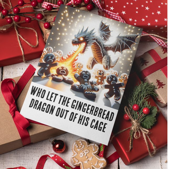 Carte Noël amusant : Dragon de pain d'épice sur la poule (Créateur téléchargé)