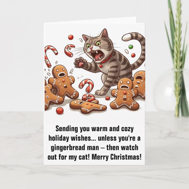 Carte Noël amusant : Pain d'épices Hommes contre Chat (Devant)