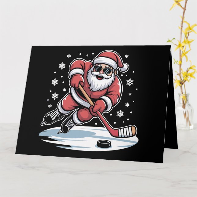 Carte Noël amusant Père Noël Jouer aux Noël de hockey su (Fleur jaune)