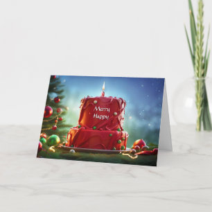 Carte Noël Anniversaire avec gâteau rouge et bougie