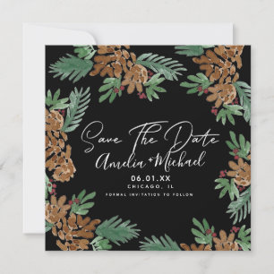 Carte Noël Aquarelle Pinecones Noir Enregistrer la date