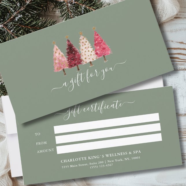 Carte Noël Arbre rouge rose vert certificat cadeau (Custom Whimsical Red Pink Green Business Salon Gift Certificate)