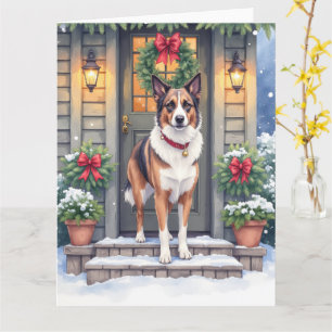 Carte Noël au porche rustique avec Beauceron aquarelle