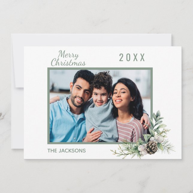 Carte Noël blanc cône pinède photo de famille moderne (Devant)