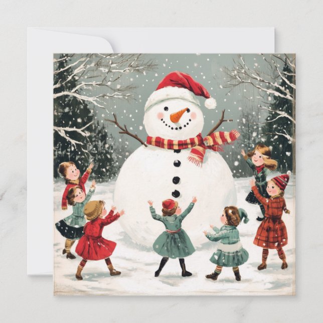 Carte Noël bonhomme de neige en hiver scène des merveill (Devant)