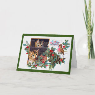Carte Noël, chaton de Xmas et petit oiseau