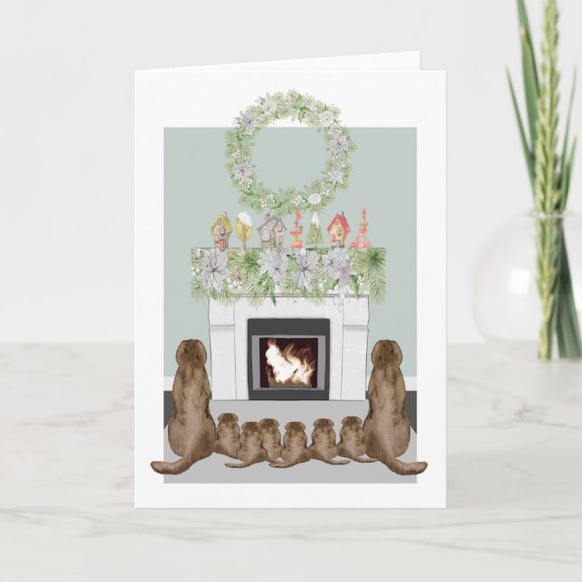 Carte Noël Choc Labrador Famille Cheminée Scène (Devant)