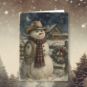 Carte Noël Country et Western Bonhomme de neige cowboy