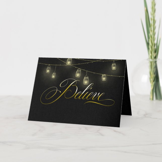 Carte Noël croire en noir avec des lumières de pot (Devant)