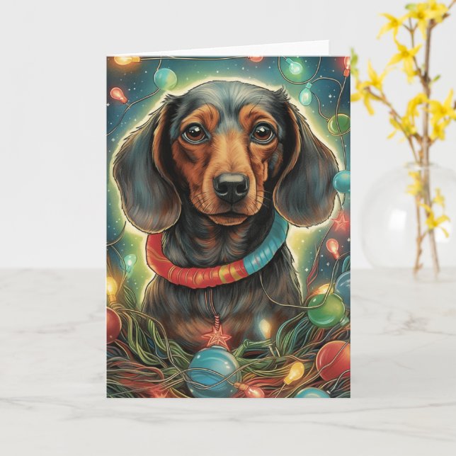 Carte Noël de Dachshund - Enveloppé dans les lumières de (Fleur jaune)