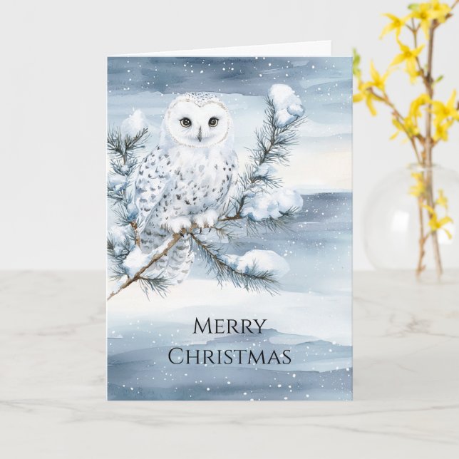 Carte Noël de la Chouette neigeuse d'hiver Bleue (Fleur jaune)