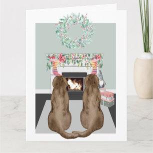 Carte Noël Deux Chiens du Labrador Choc Cheminée Scène