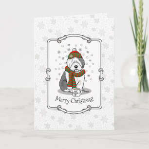 Carte Noël d'hiver Vieux anglais Chien de mouton gris 1 