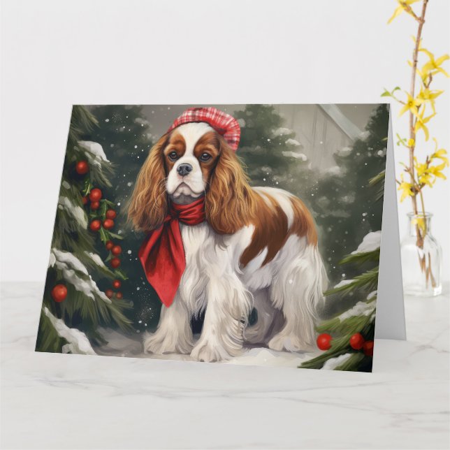 Carte Noël du chien espagnol Cavalier King Charles (Fleur jaune)