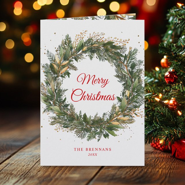 Carte Noël Elégant Red Green Wreath Holiday (Christmas Elegant Red Green Wreath Holiday Card)