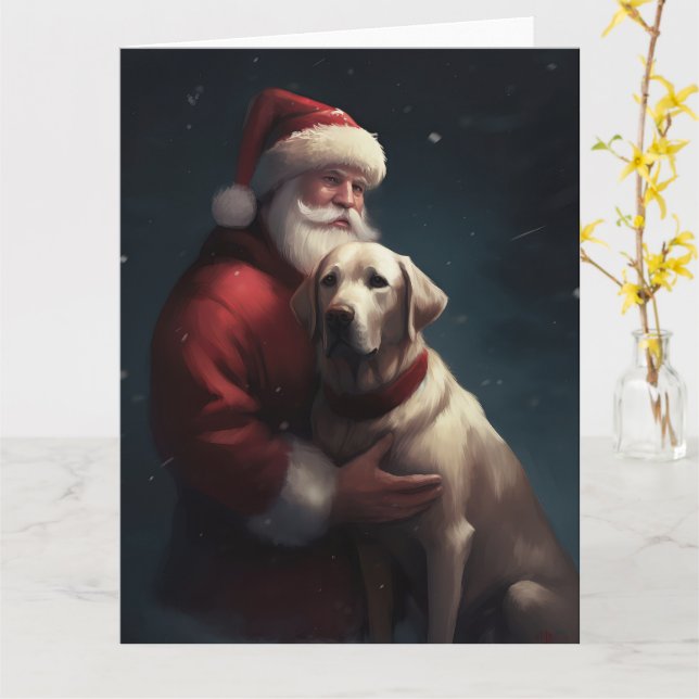 Carte Noël festif du Père Noël au Labrador (Fleur jaune)