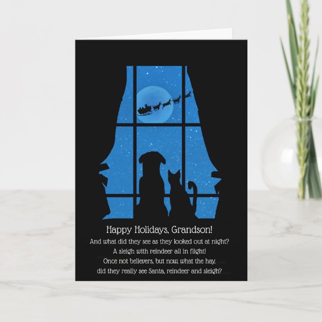 Carte Noël Fête Petit-fils mignon chat chien (Devant)
