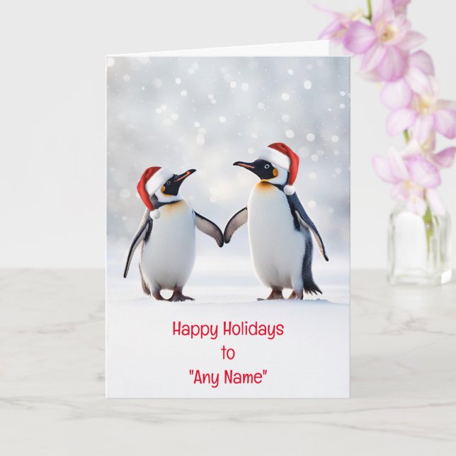 Carte Noël Fêtes Nom personnalisé Couple de pingouins (Orchidée)