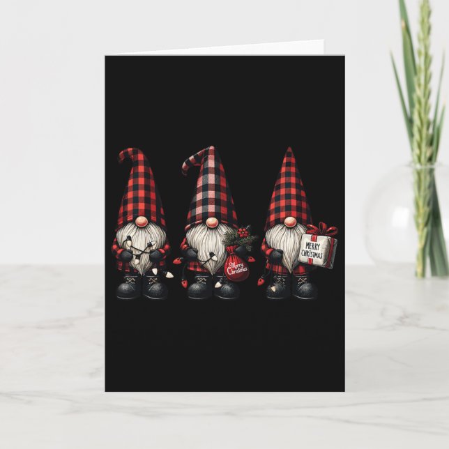 Carte Noël Gnome Trio Buffalo Check Plaid Casquette Noël (Devant)