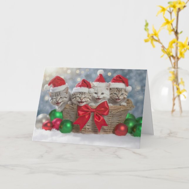 Carte Noël Joyeuses vacances avec un panier de chatons (Fleur jaune)