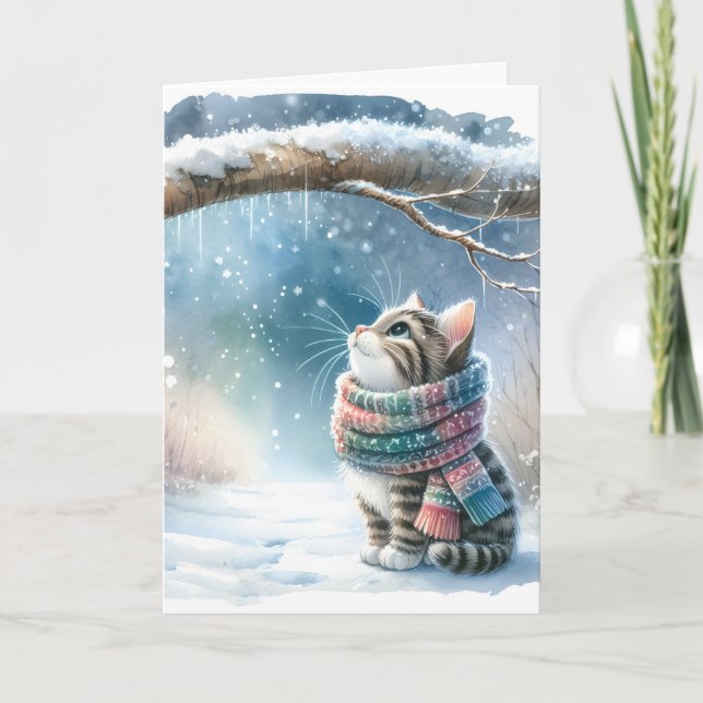 Carte Noël Kitty porte une écharpe d'hiver (Devant)