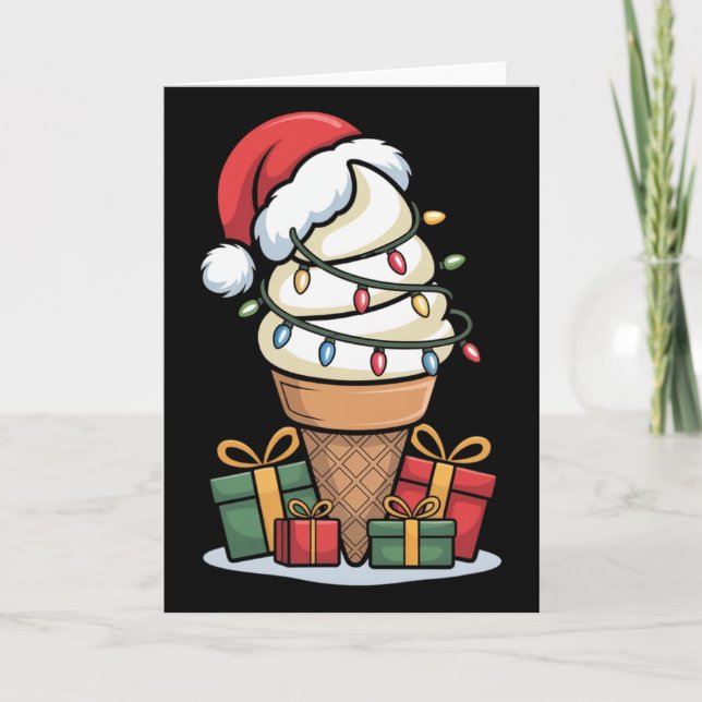Carte Noel Lumières Glace Cone de crème avec Santa Hat D (Devant)