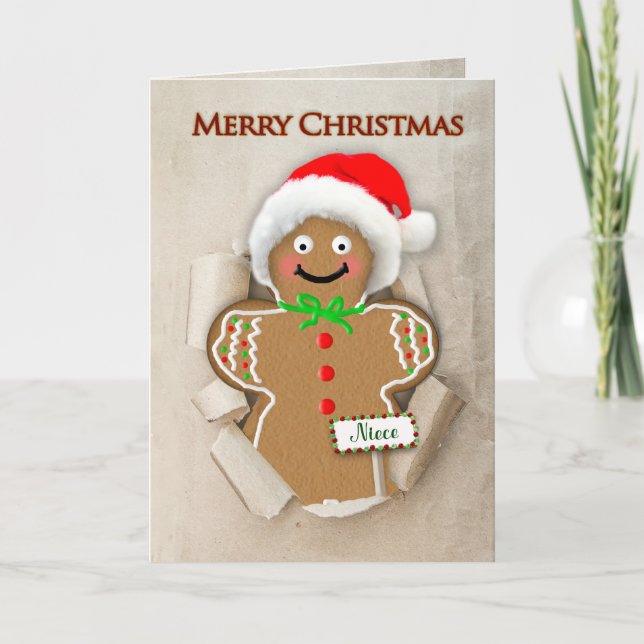 Carte Noël, Nièce, Homme en pain d'épices Santa Hat (Devant)