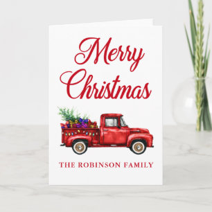 Carte Noël Nom de famille Camion rouge Vintage Arbre cad